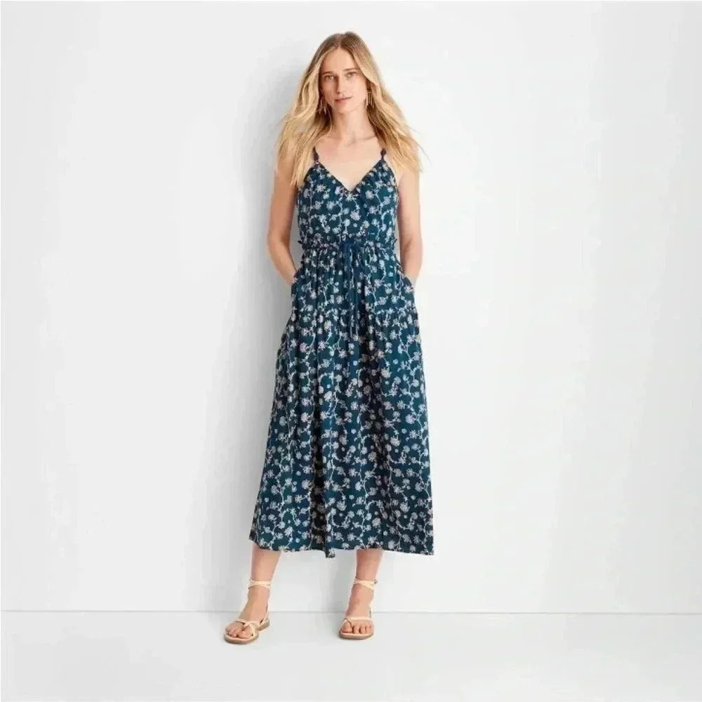 NWT Floral Print Sleeveless Rope Tie Ruched Midi Dress - Future Collective Small